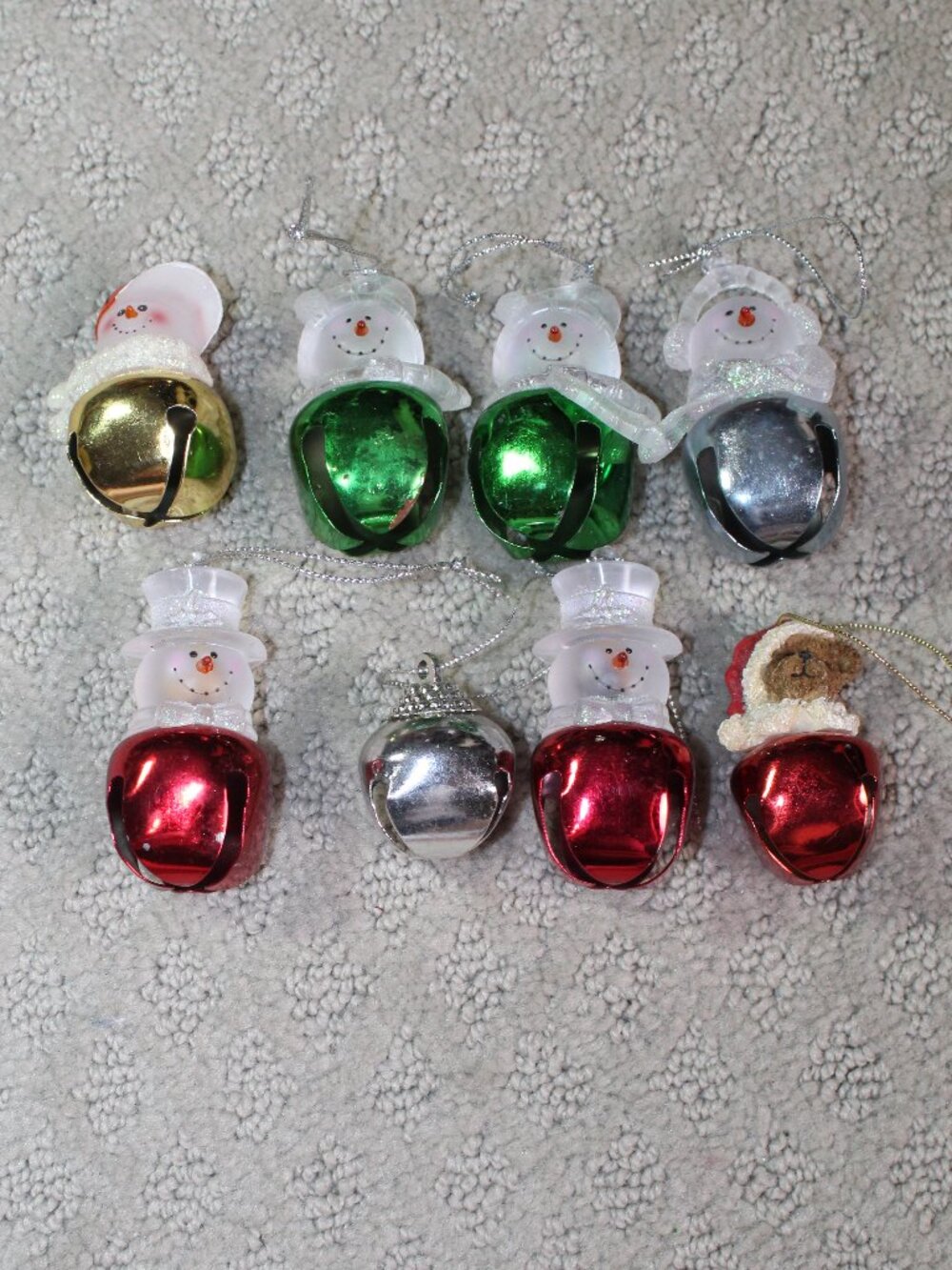 Set of 8 Jingle Bell Ornaments - 5 Frosted Snowman, 1 Teddy Bear & Jingle Bell